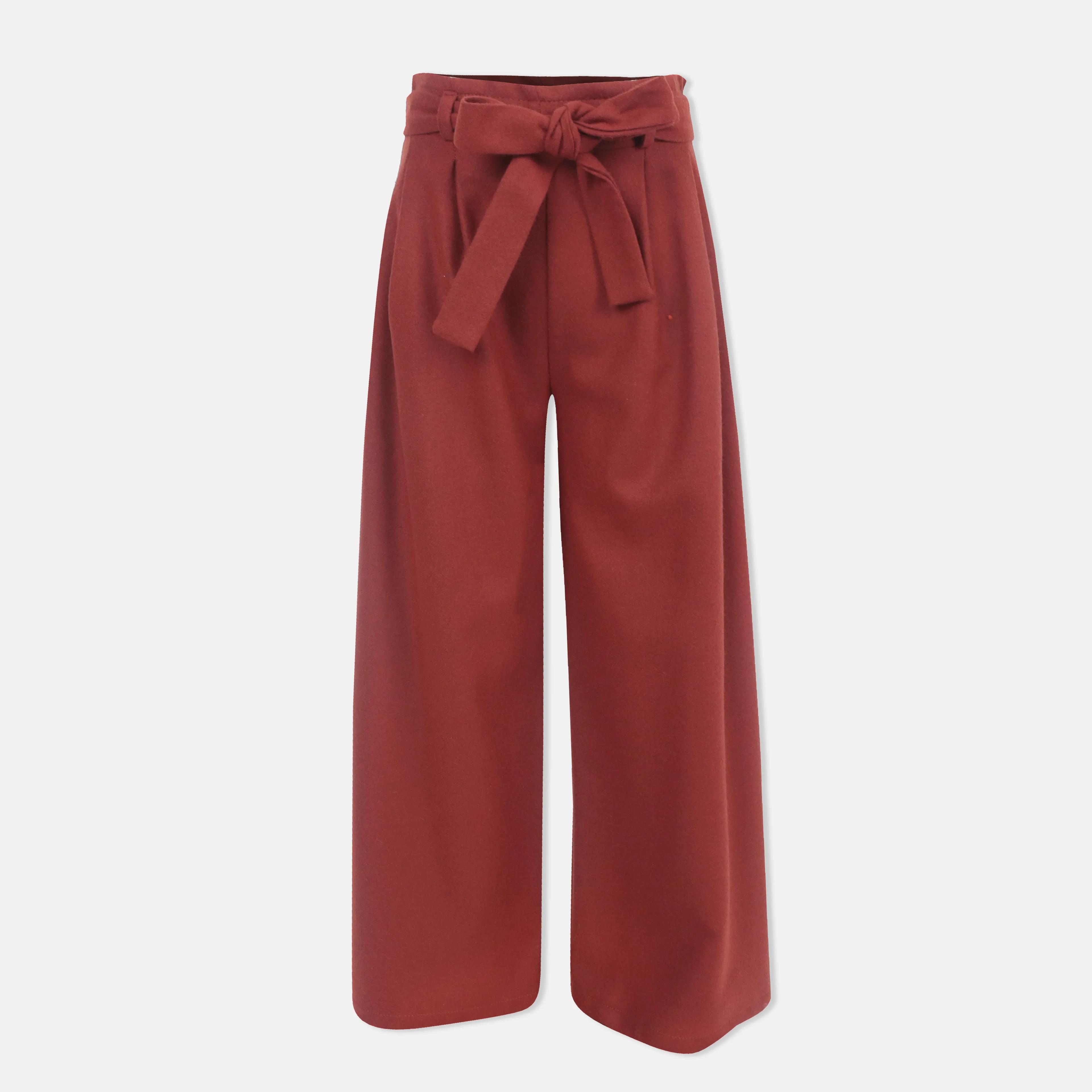 بنطلون واسع الساق من مزيج الصوف للبنات مع حزام Thumbnail 1