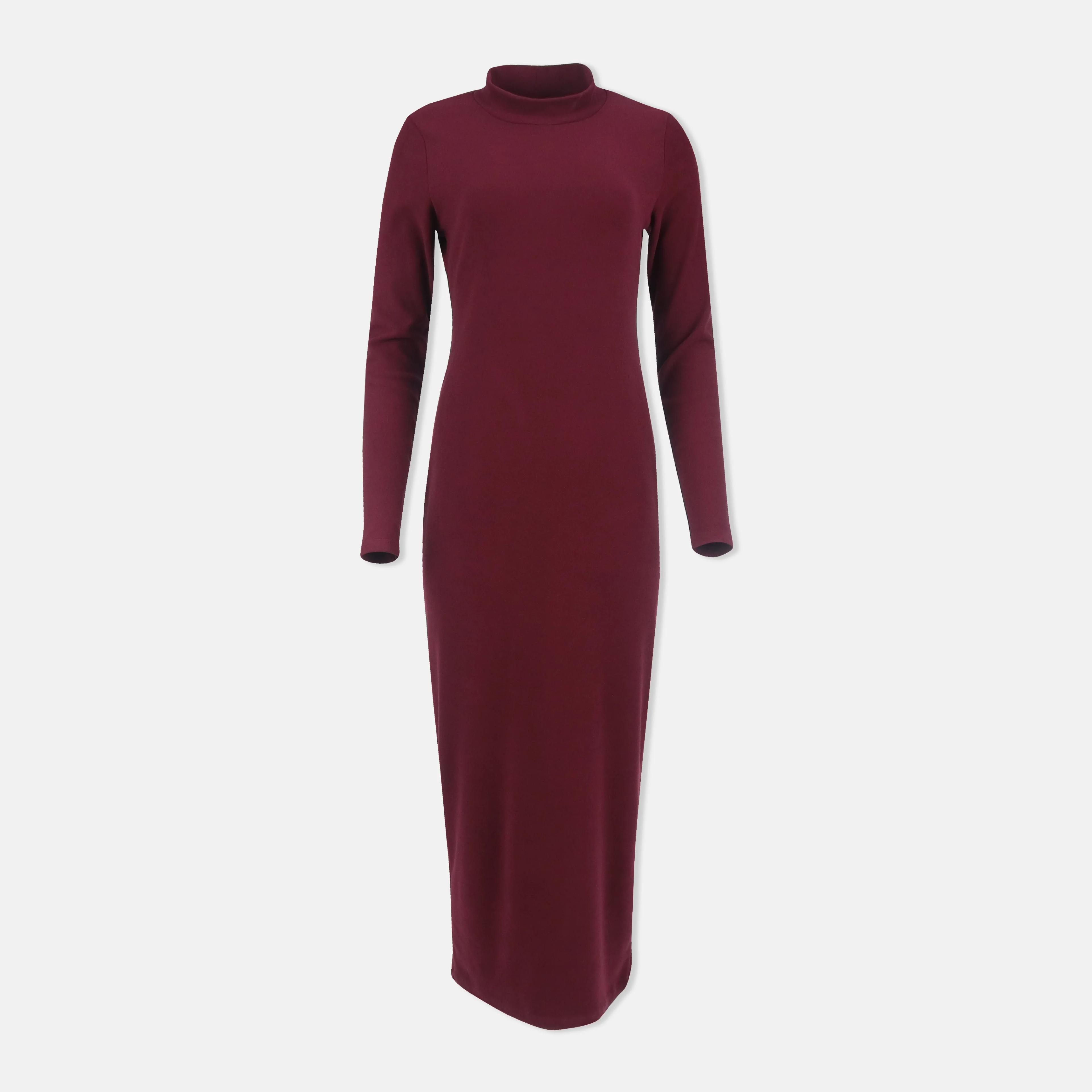 Women's Long Sleeve Turtleneck Maxi Dress in Burgundy & Black Thumbnail 1