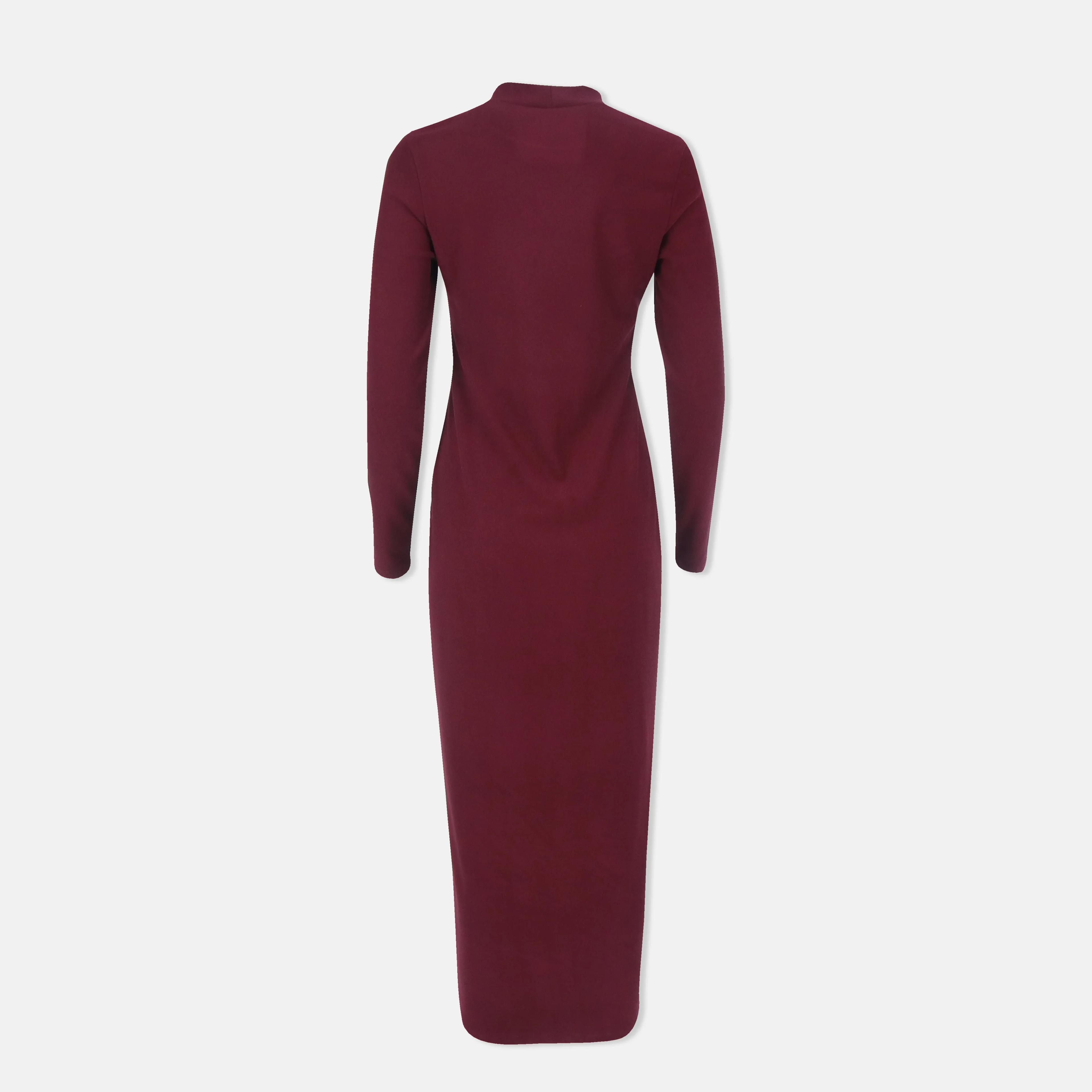 Women's Long Sleeve Turtleneck Maxi Dress in Burgundy & Black Thumbnail 3