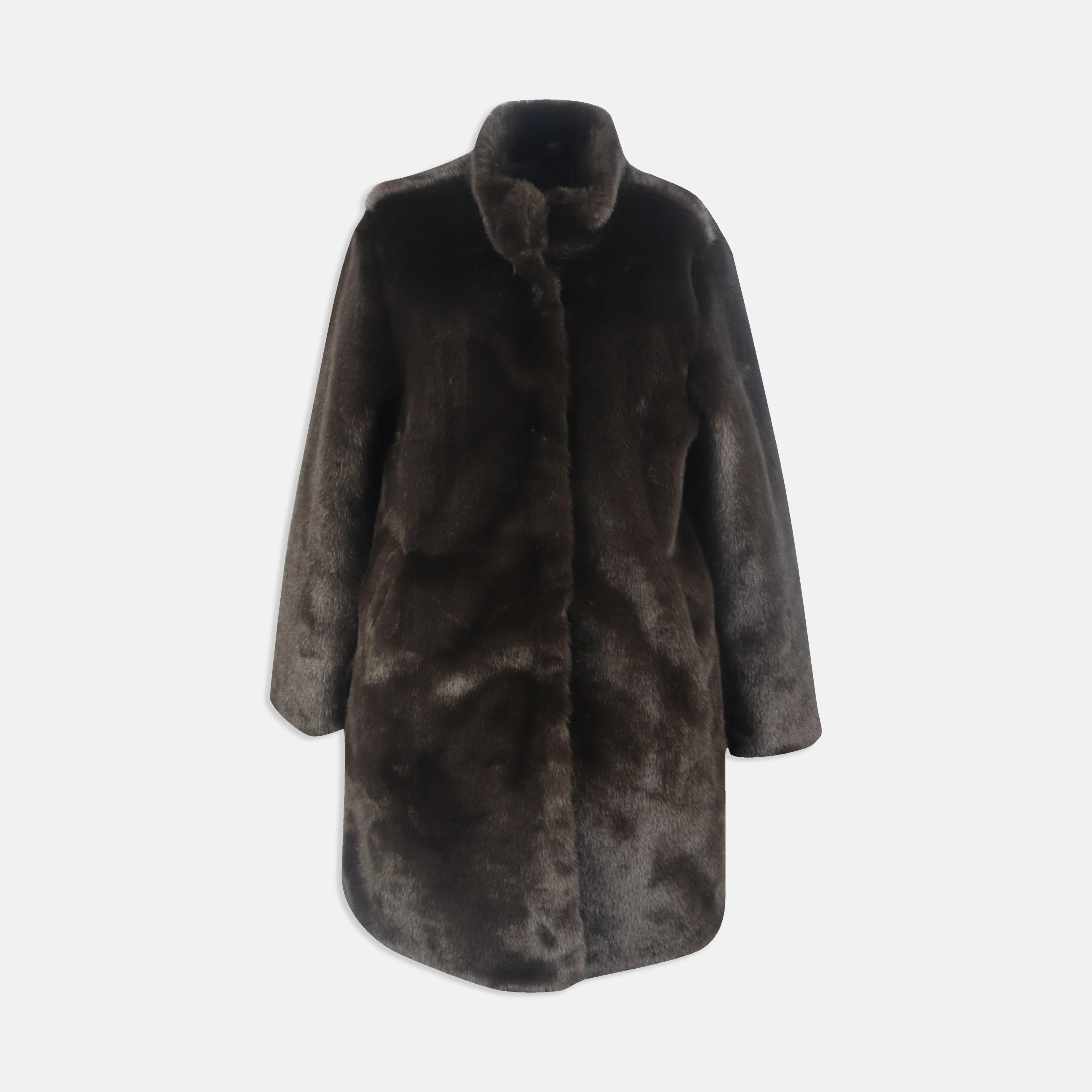 معطف من الفرو الصناعي من البوليستر مع ياقة عالية Thumbnail 1