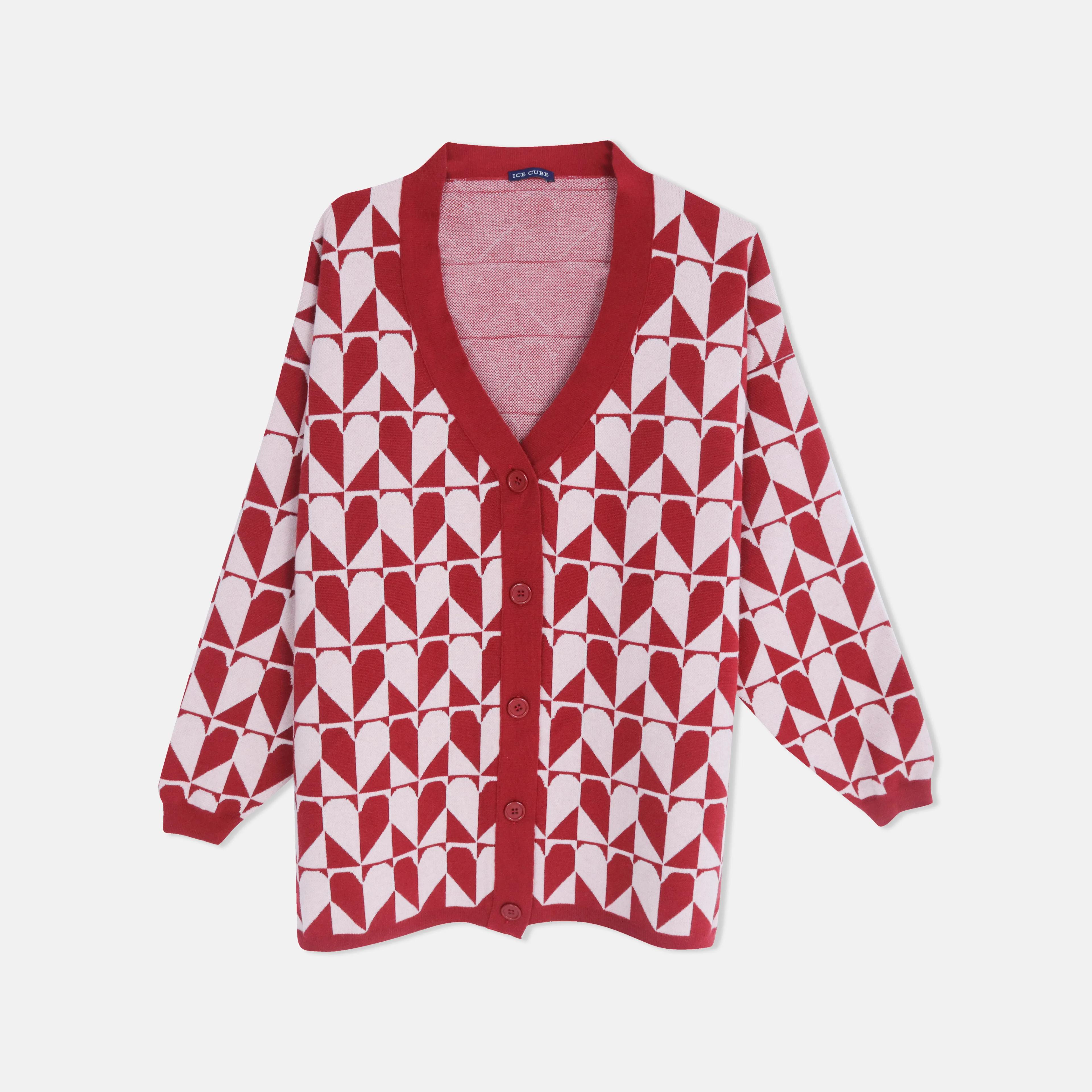 كارديجان بأزرار أمامية بنقوش هندسية باللون الأحمر Thumbnail 1
