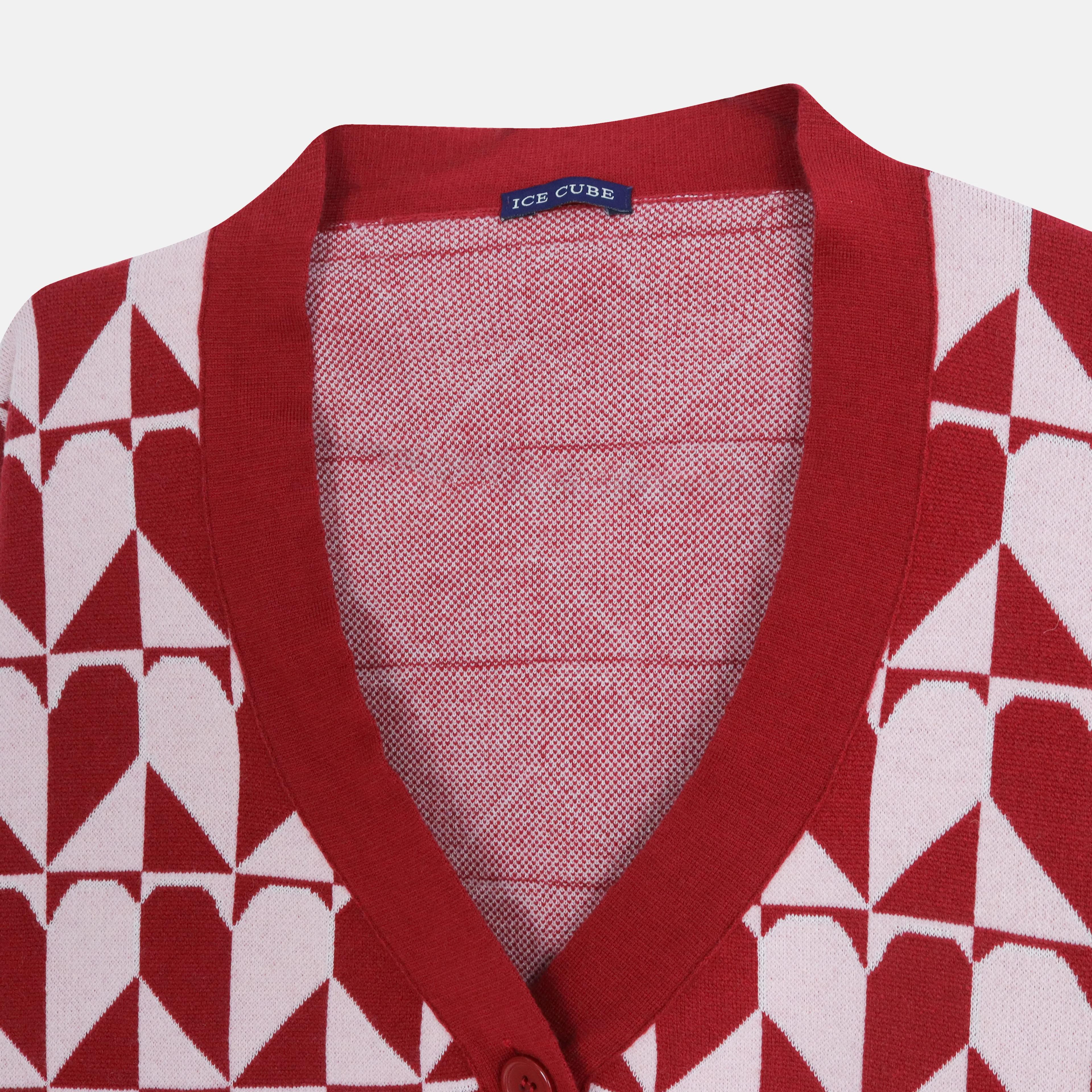 كارديجان بأزرار أمامية بنقوش هندسية باللون الأحمر Thumbnail 2