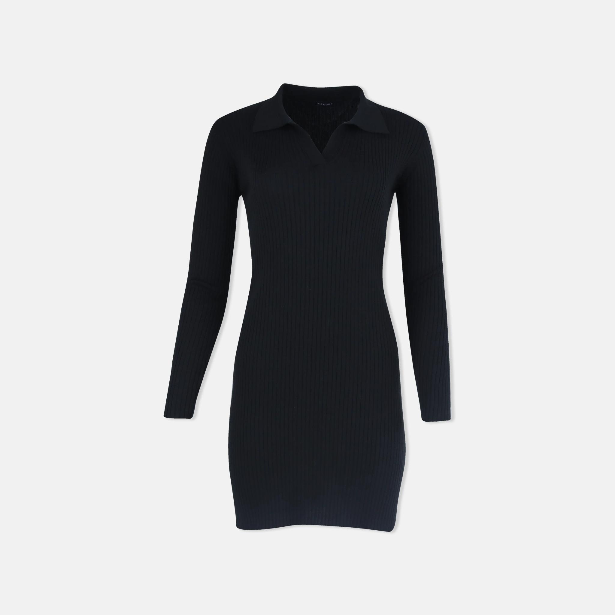 Women's Ribbed Knit Long Sleeve Dress with Polo Collar media preview 1