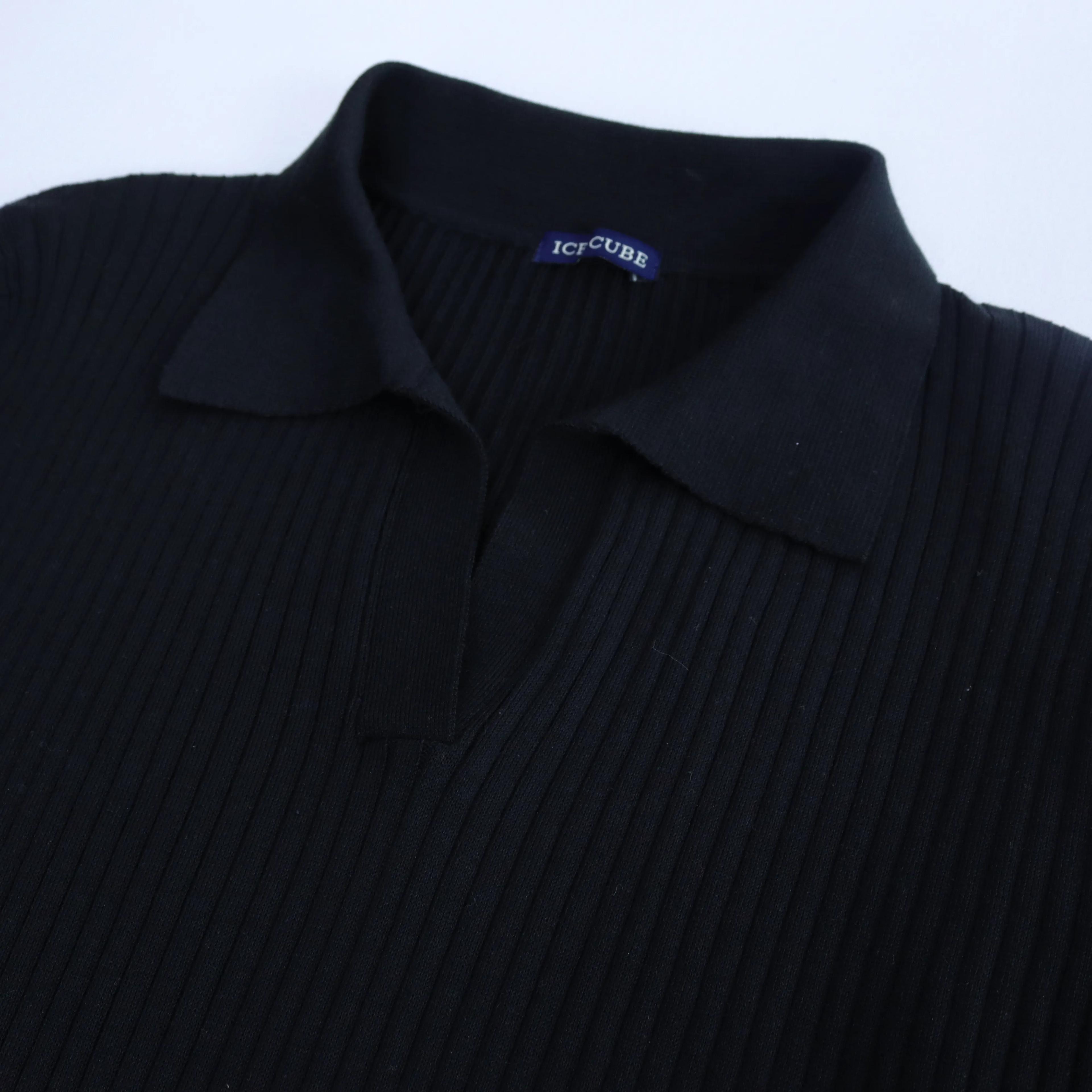 Women's Ribbed Knit Long Sleeve Dress with Polo Collar Thumbnail 2