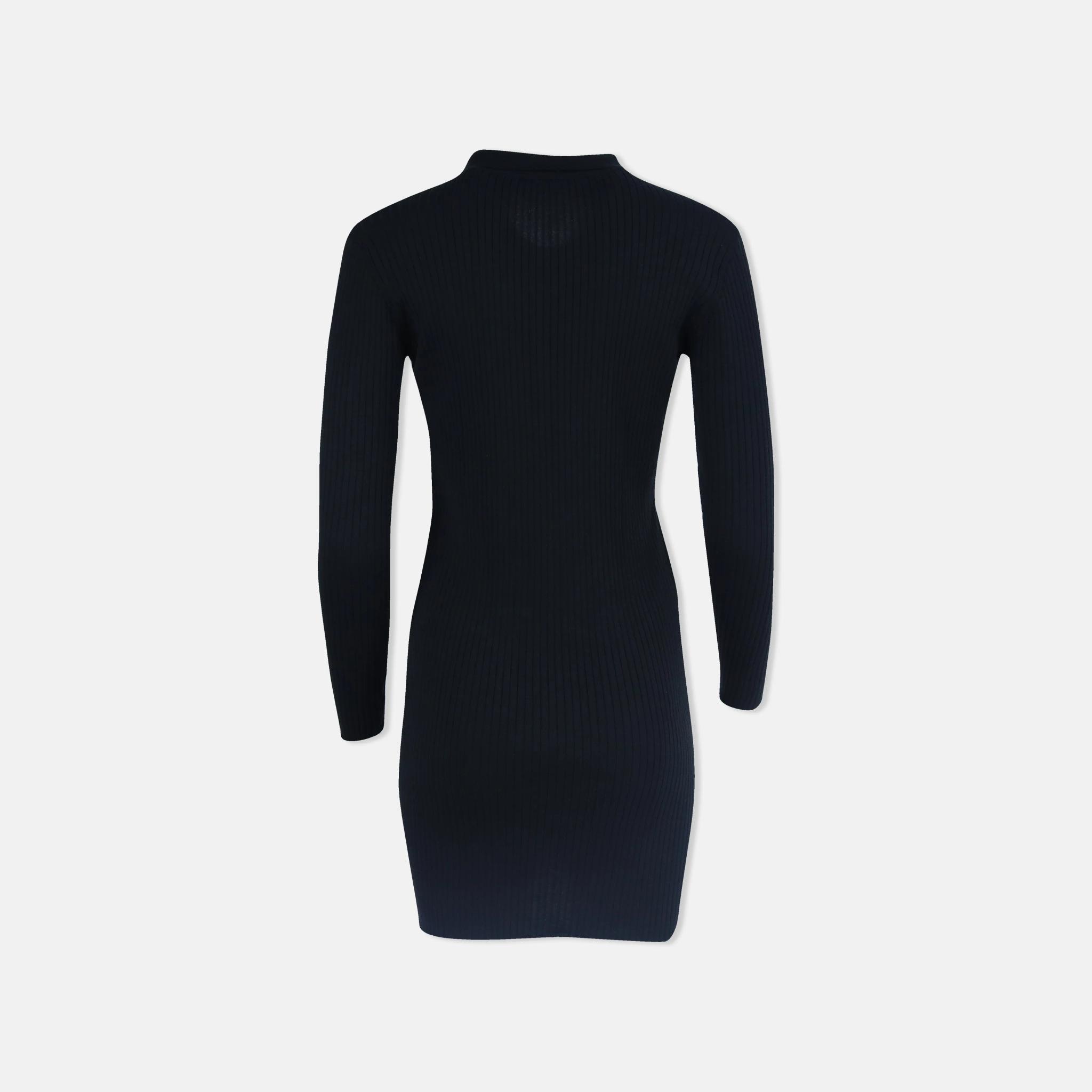 Women's Ribbed Knit Long Sleeve Dress with Polo Collar media preview 3
