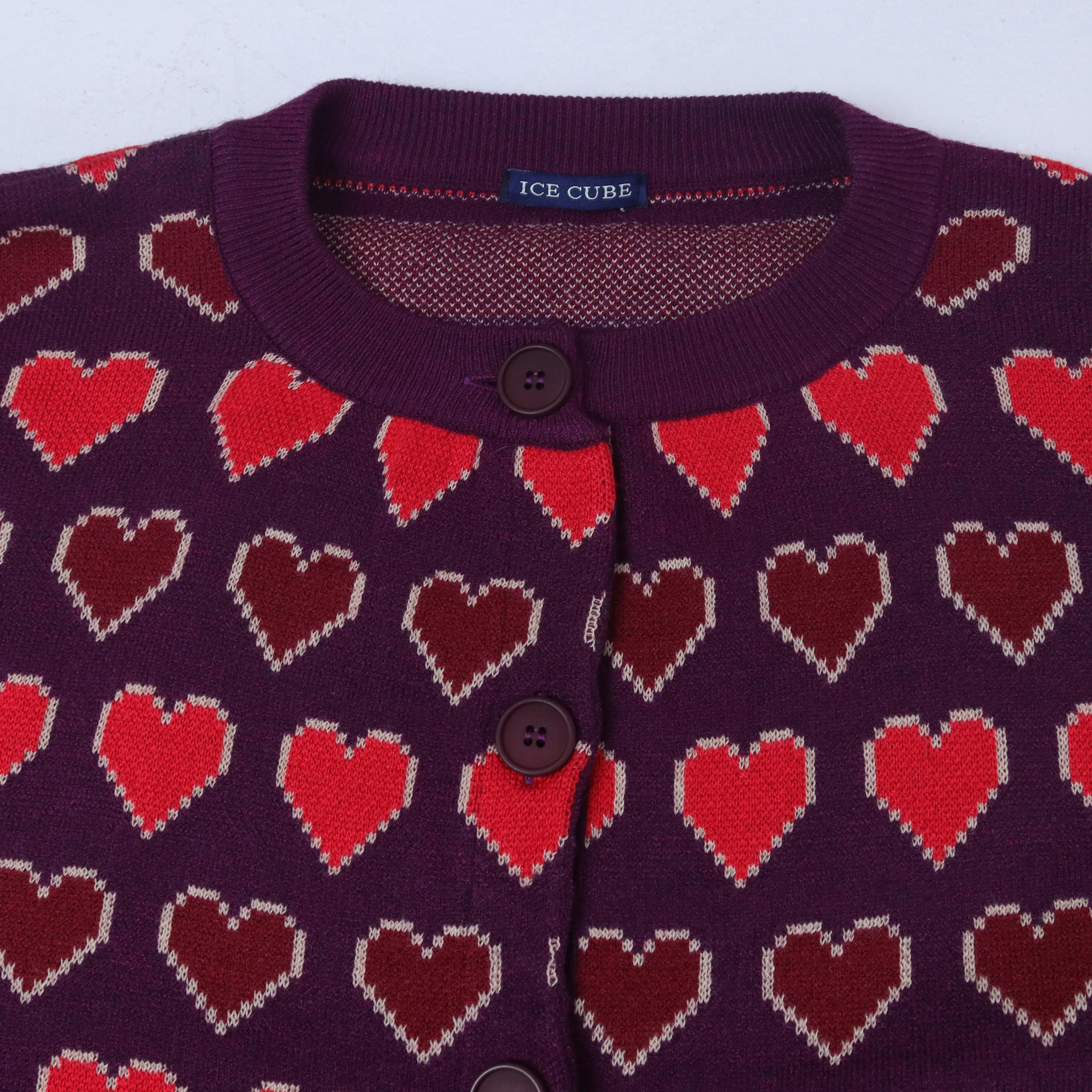 Women's Heart Pattern Crewneck Cardigan Thumbnail 2