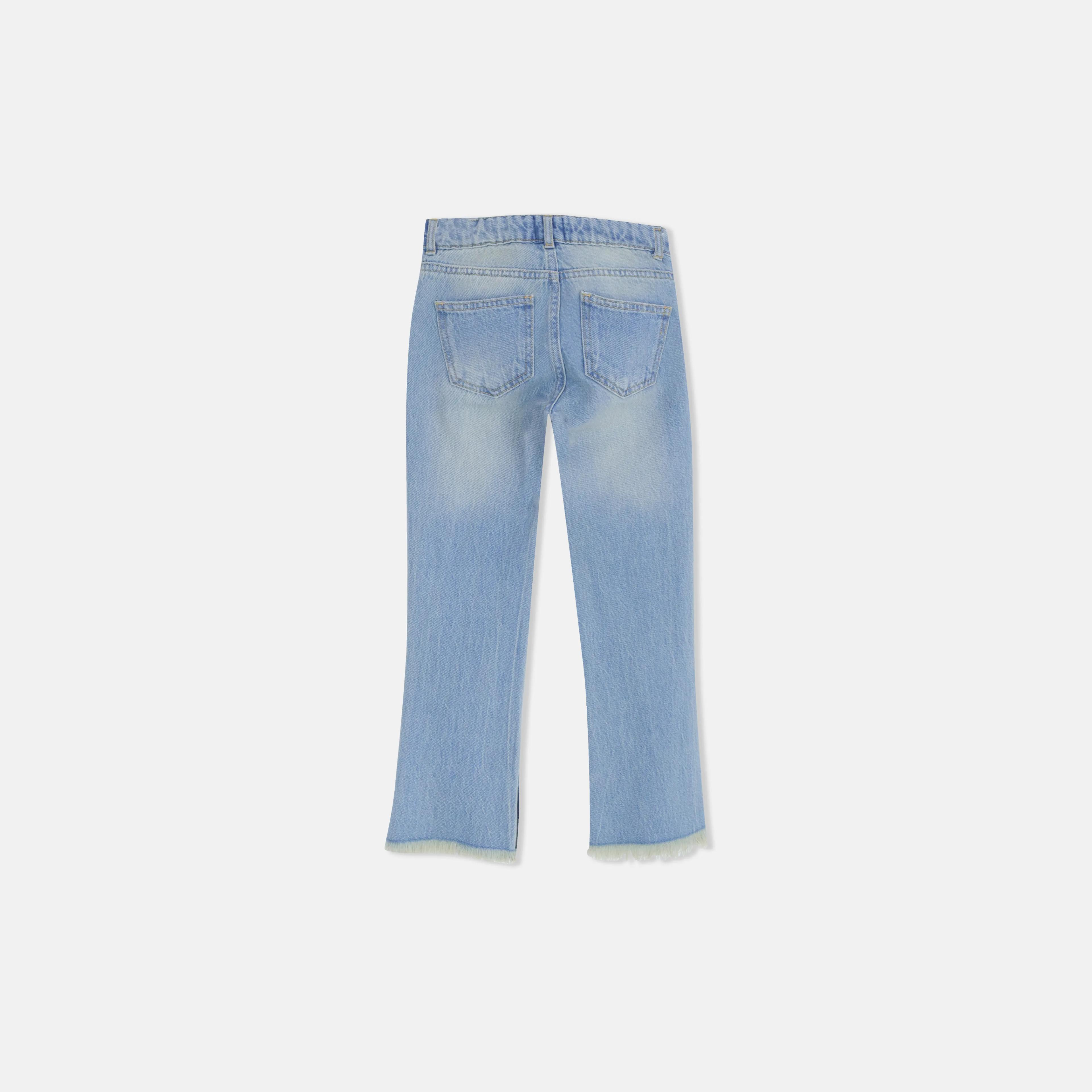 بنطلون جينز قصير واسع للبنات - دينم بحافة خام Thumbnail 4