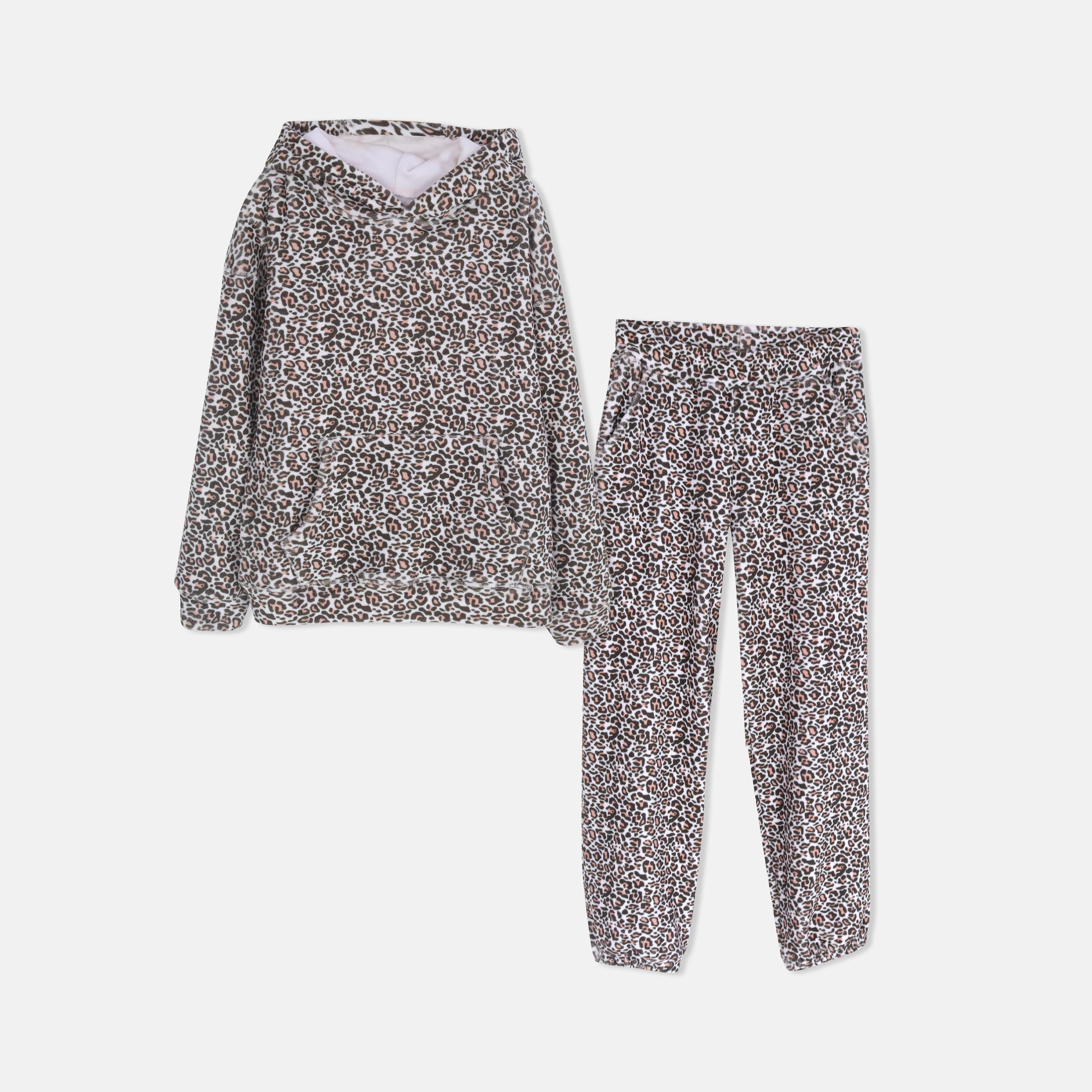 طقم مطبوع برسومات للبنات يتكون من سترة بغطاء رأس وبنطال رياضي مطابق Thumbnail 1