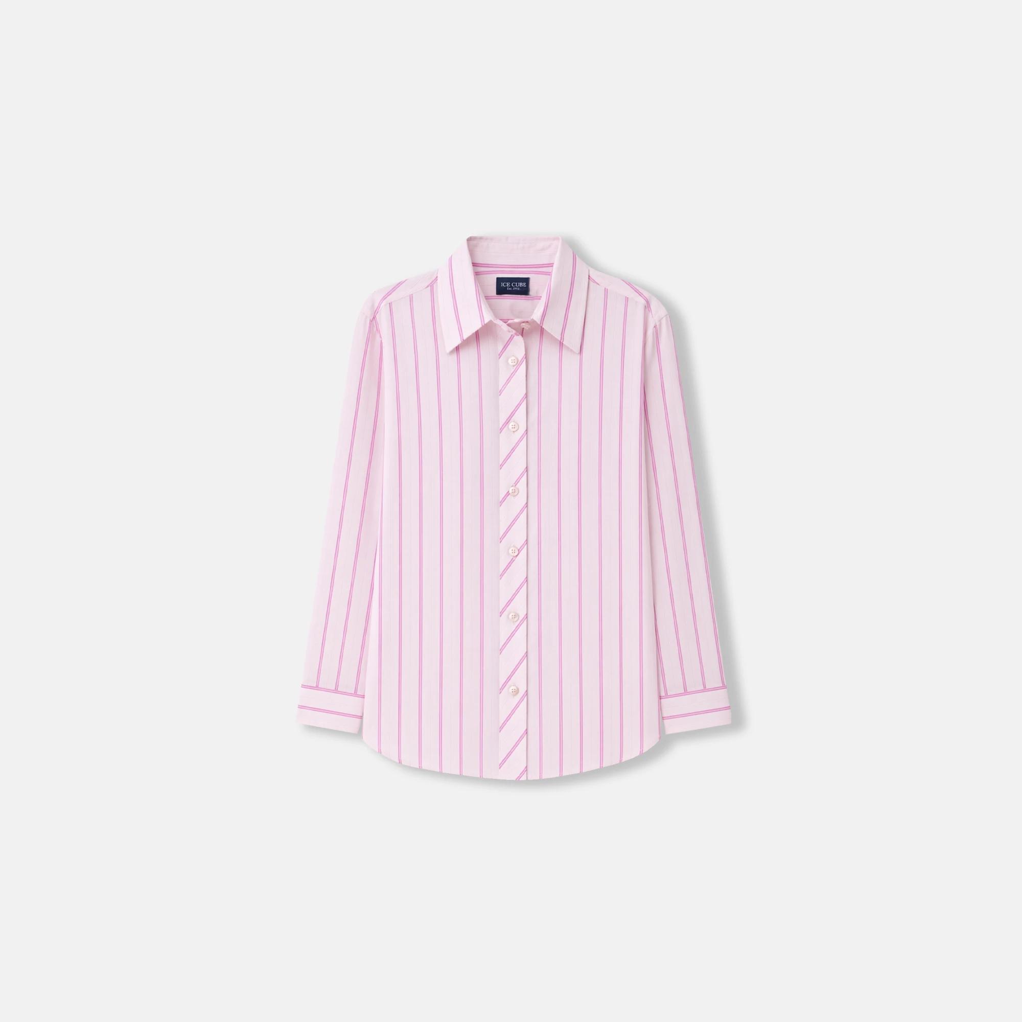 قميص نسائي مخطط بأزرار وخطوط عمودية Thumbnail 1