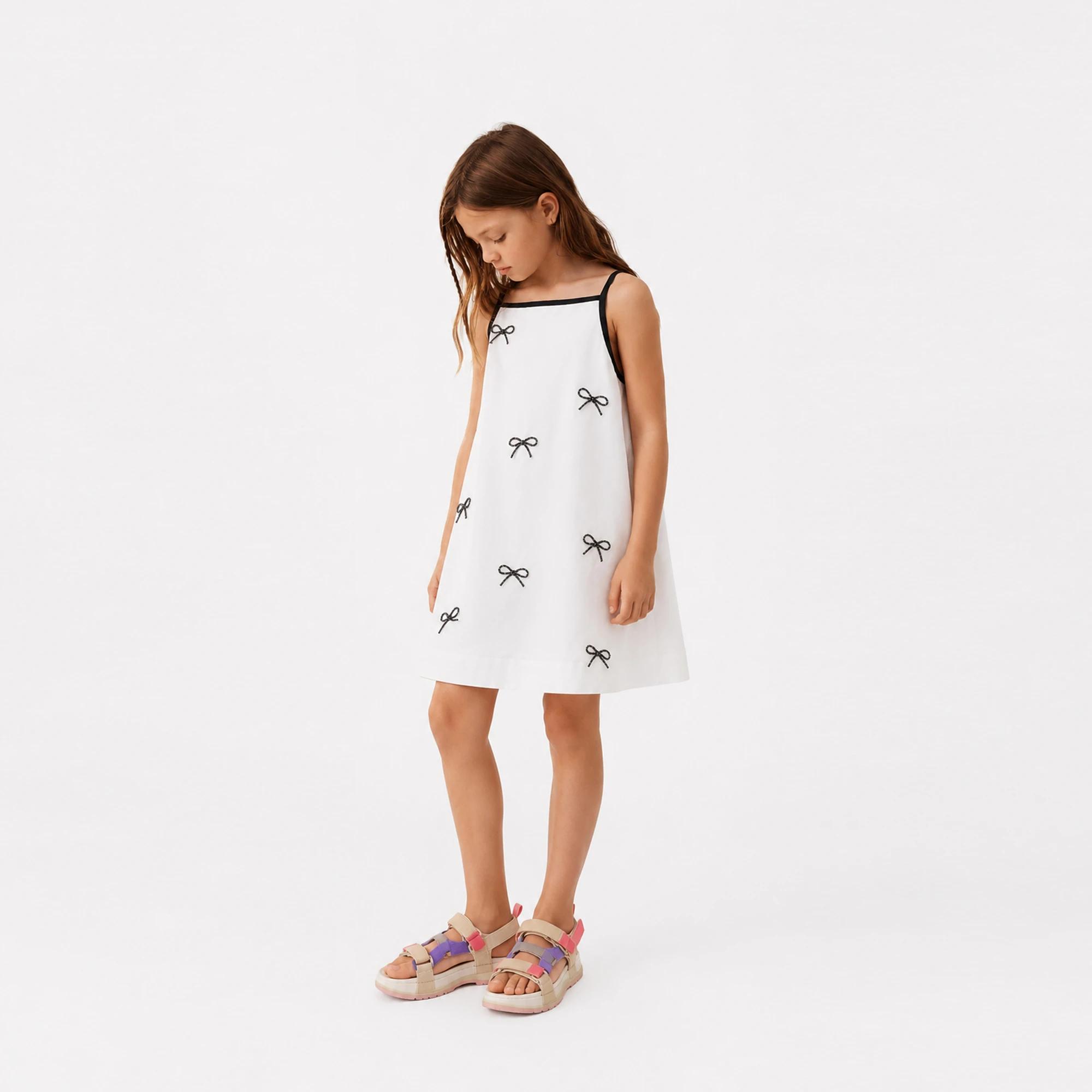 Girls' Bow-Embellished Cotton Trapeze Dress alternative product image