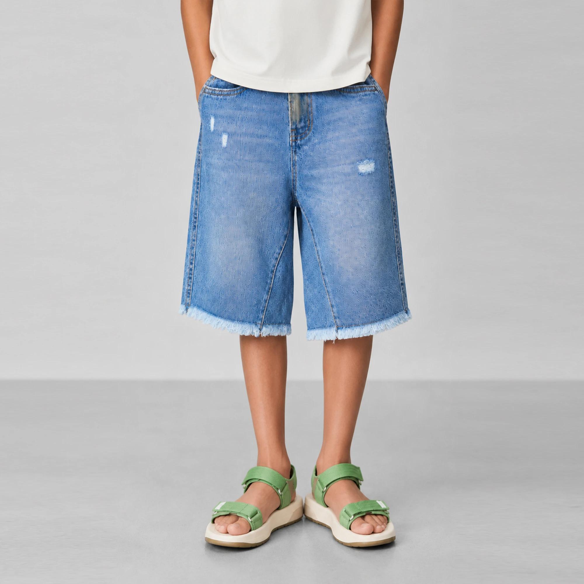 Boys Light Wash Distressed Denim Bermuda Shorts Thumbnail 1
