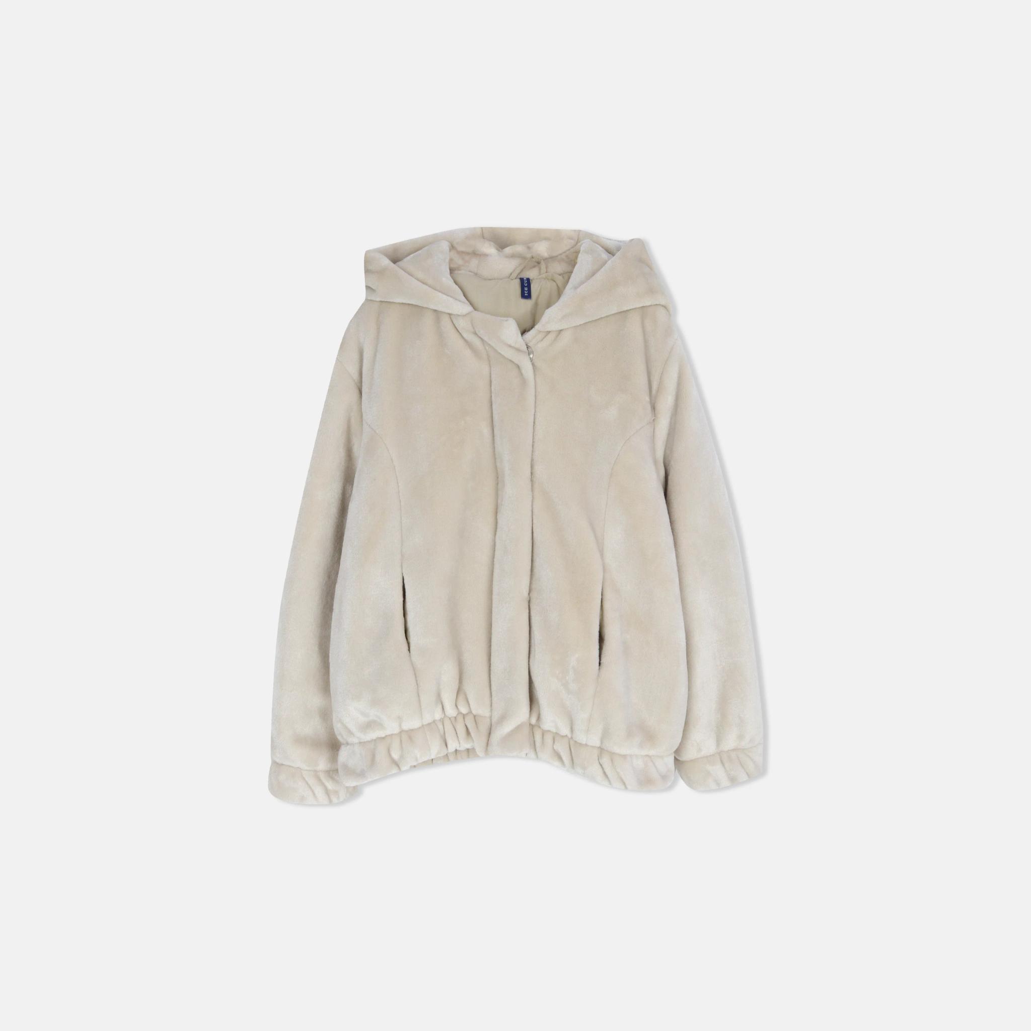 معطف بناتي فاخر ناعم الملمس بسحاب كامل وغطاء رأس. product image